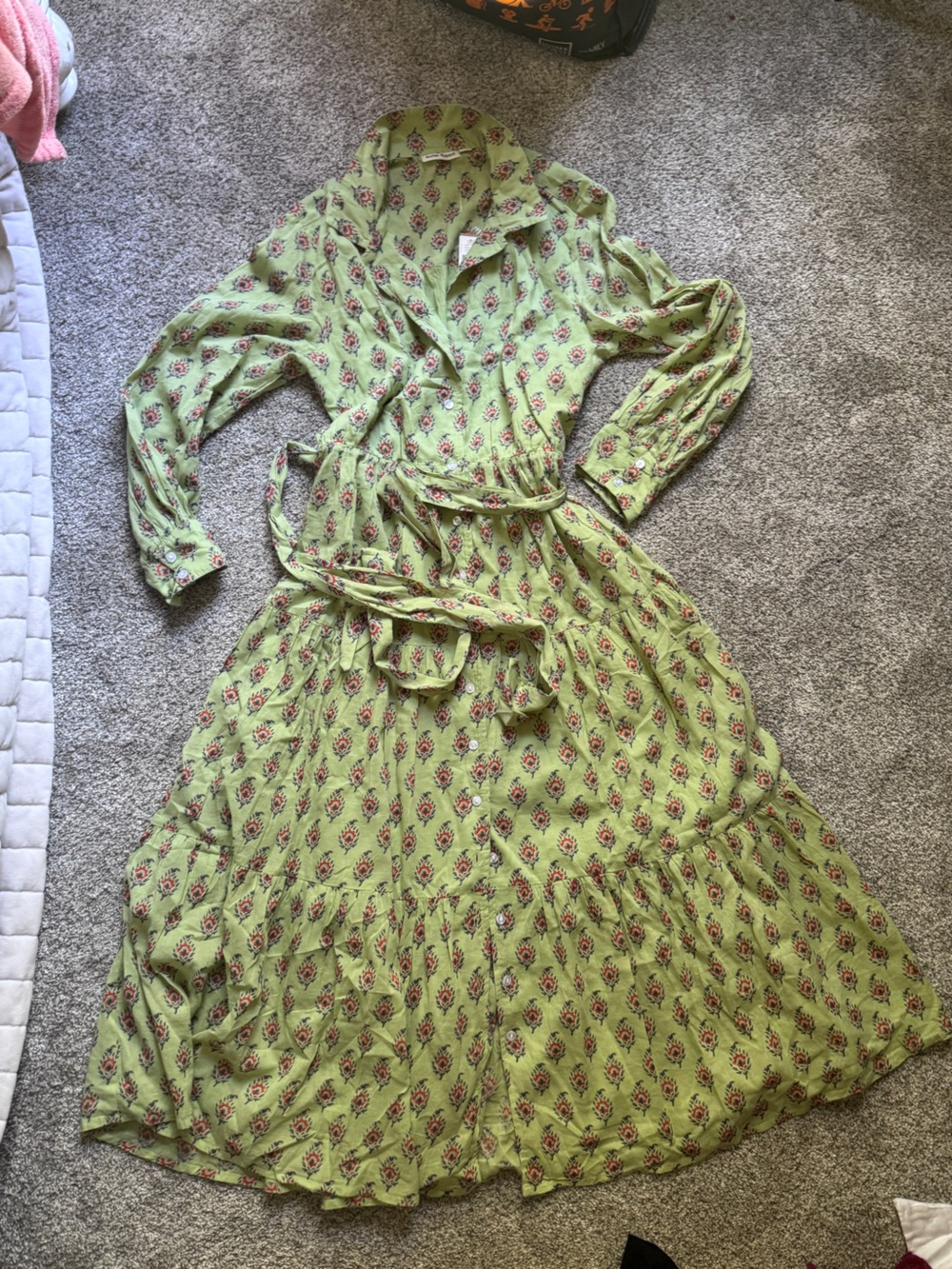 Roller Rabbit Light Green Floral Block Print Button-Up Tie-Waist Dress